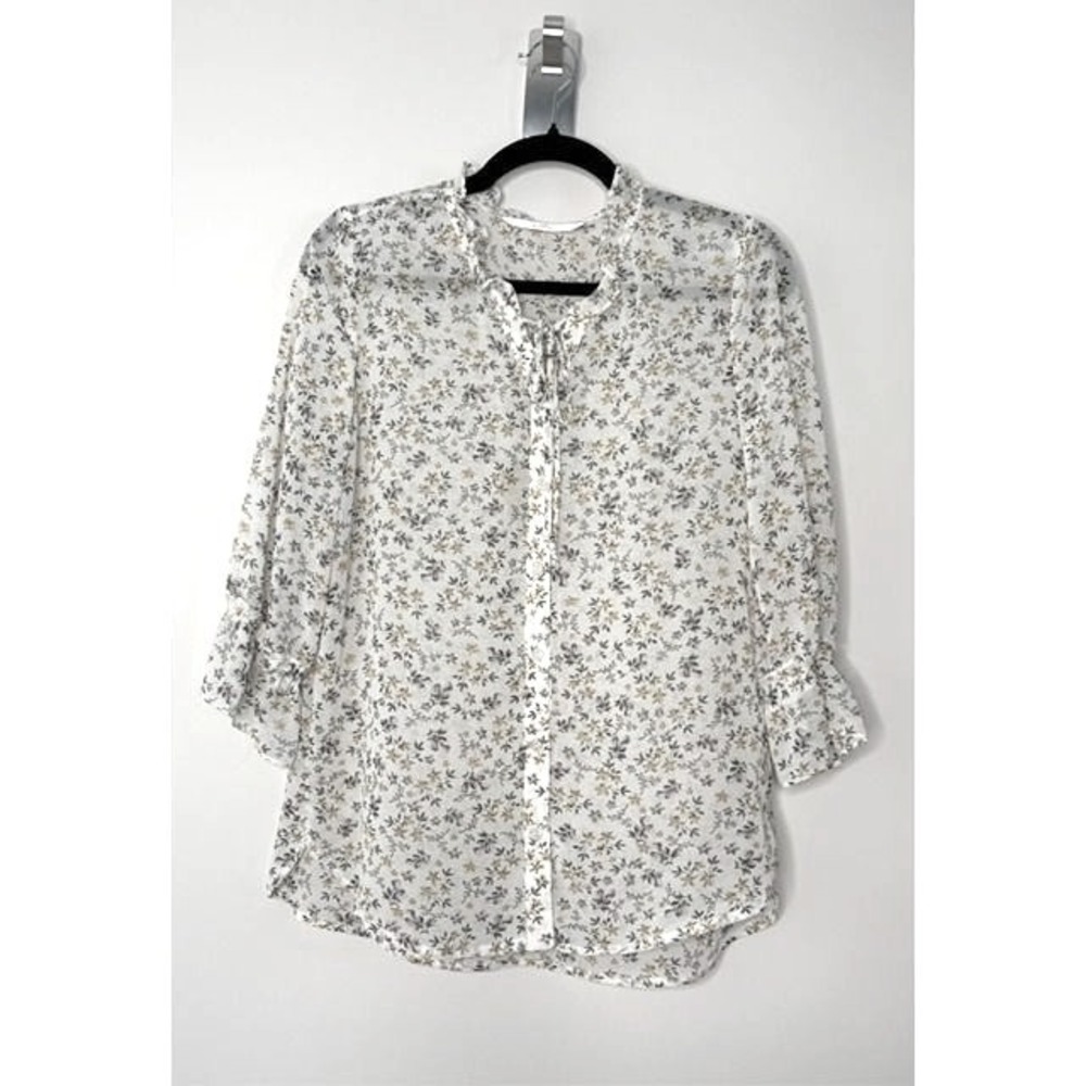 Soup Floral Ruffle Tie Neck‎ Button Down Blouse White Yellow 3/4 Sleeve Top